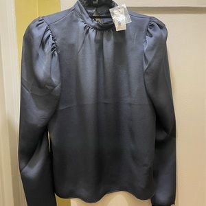 New Express blue blose - slight puff sleeves with black lace trim